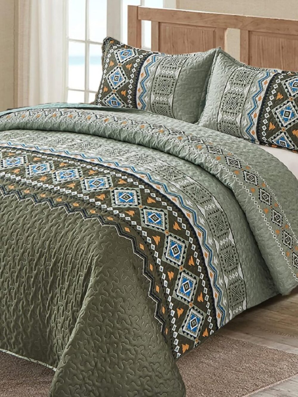 Boho Quilt Set King,3 Piece Olive Green Fall Bedspread Coverlet Set with Geometr